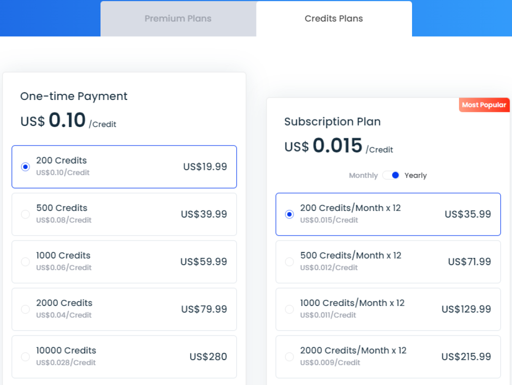 Fotor - Pricing - Credits Plans
