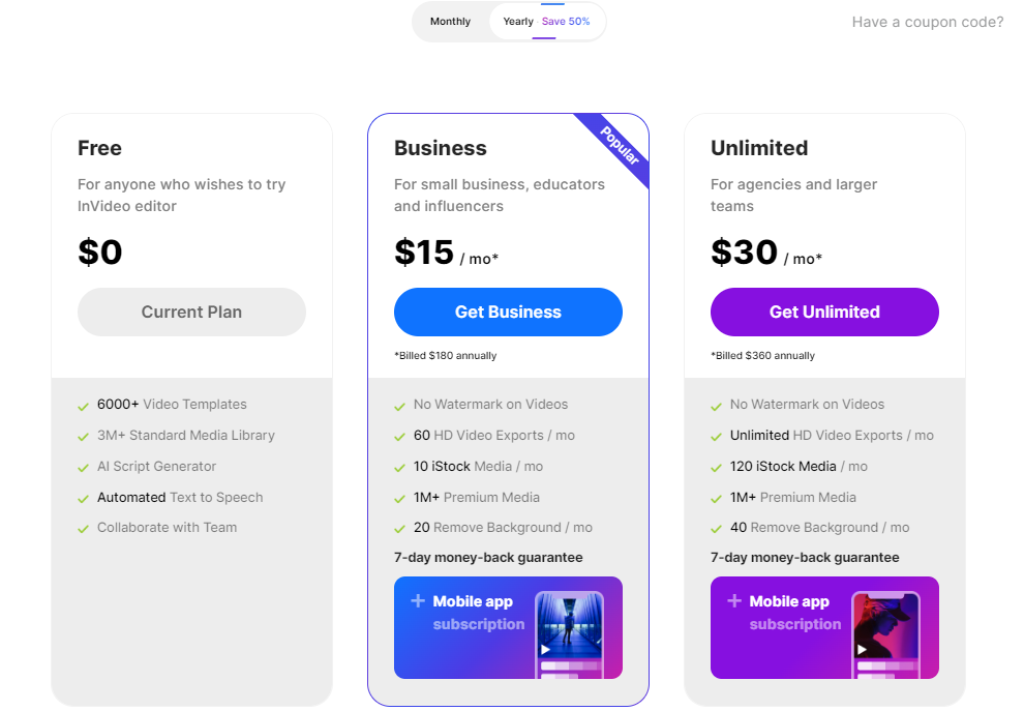Text-to-Video - InVideo Pricing