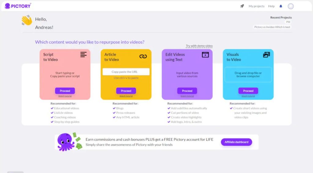 user interface pictory